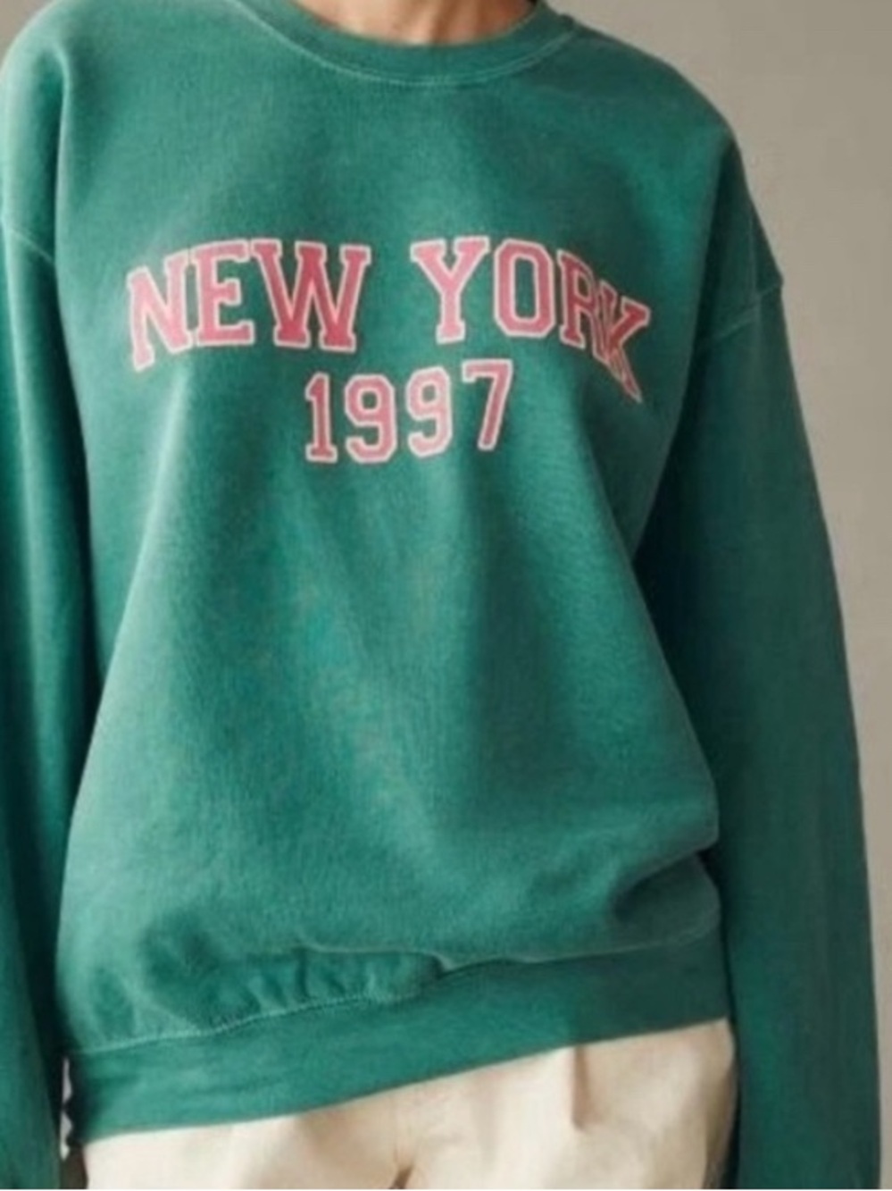 Anthropologie Green 'New York 1997' Sweatshirt with Pink Lettering